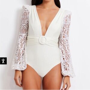 PatBo Plunge Neckline Lace Long Sleeve Swimsuit